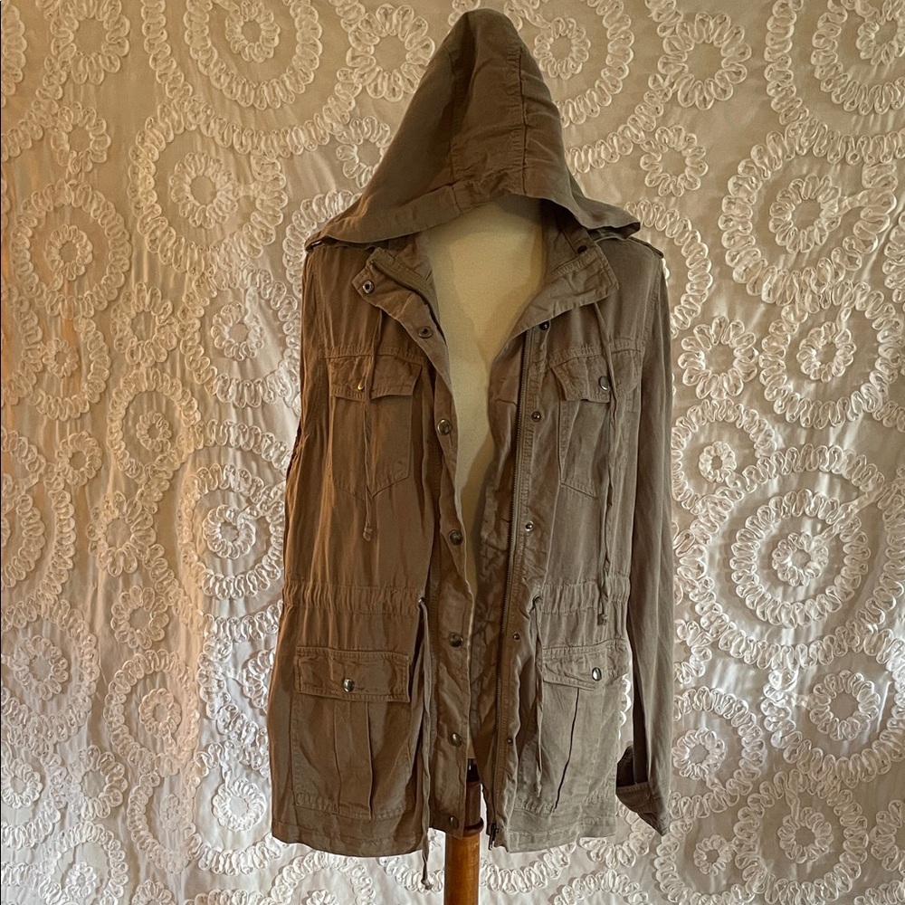 Angie vintage light wash Hooded Gray Utility Jacket zip snaps pockets